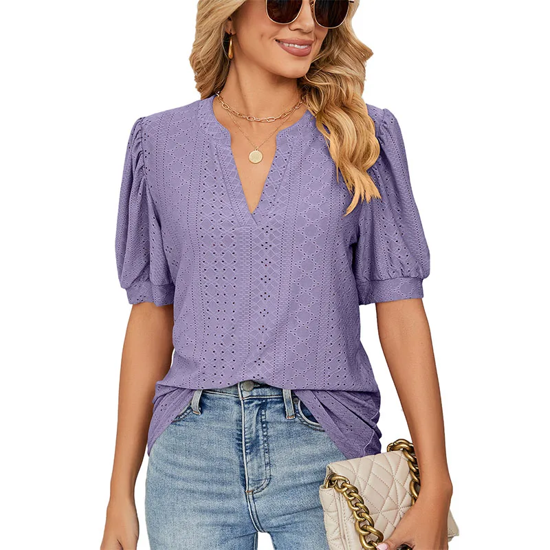 

Блузка женская однотонная с V-образным вырезом, Модная элегантная Свободная рубашка с буффами, с вырезами, топ на лето, 2023