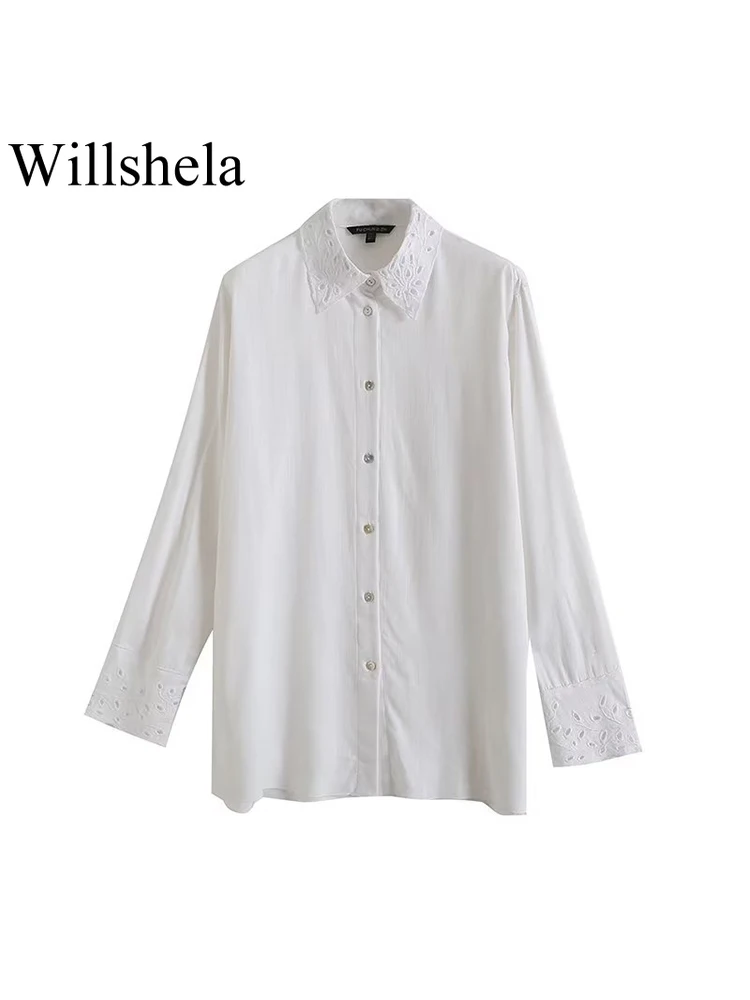 

Willshela Women Fashion White Single Breasted Blouse Vintage Lapel Neck Long Sleeves Female Chic Lady Shirts