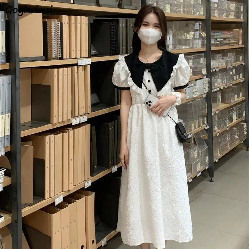 

Short Sleeve Dress Women Preppy Style Sweet Fashion Casual Summer Patchwork Ulzzang Vintage Peter Pan Collar Students Fresh Chic