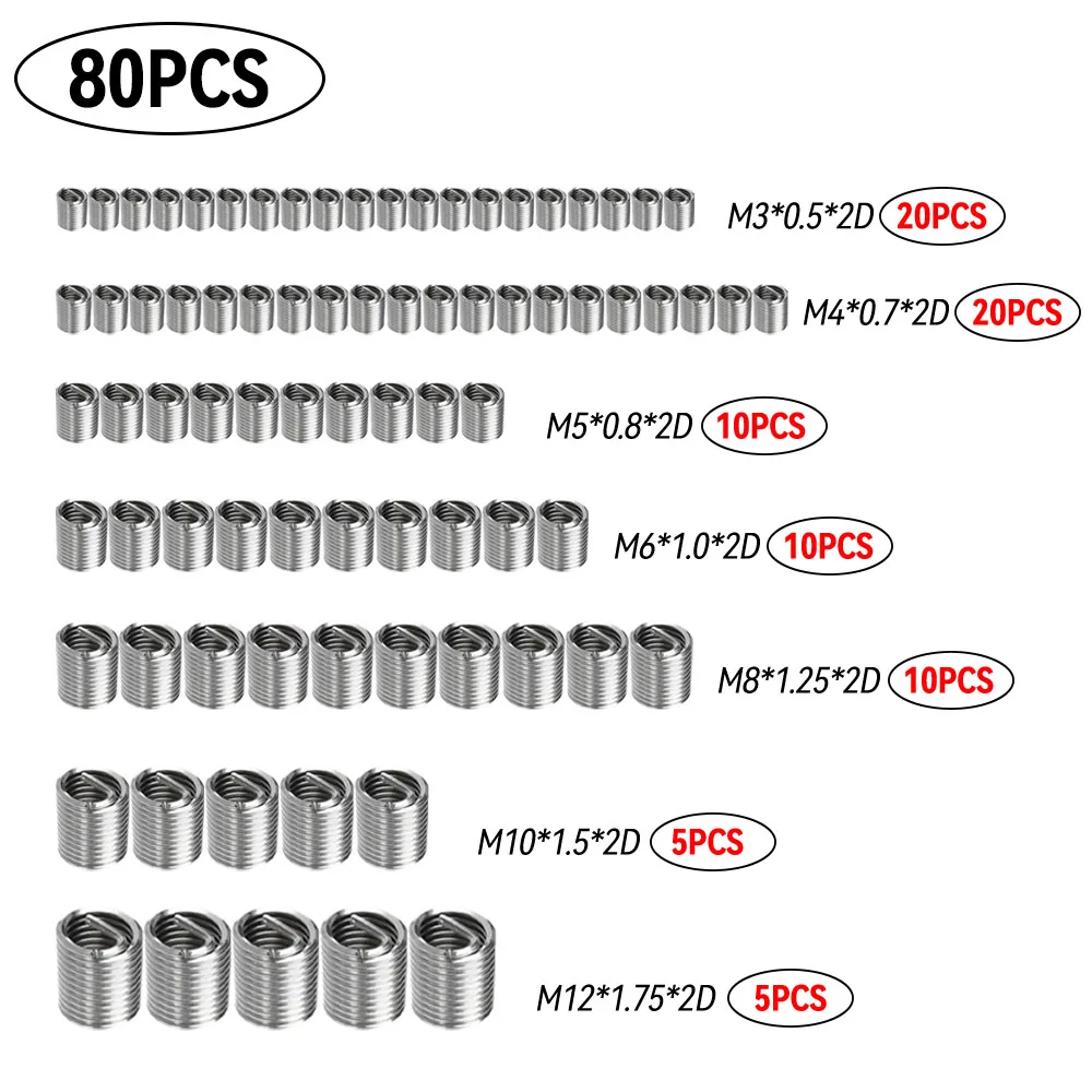 

80PCS M3 M4 M5 M6 M8 M10 M12 304 Thread Repair Kit Insert Thread Insert Set Stainless Steel for Hardware Repair Tools