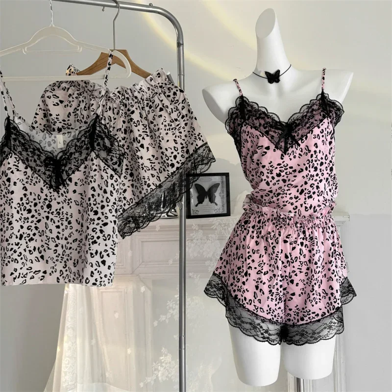 Леопардовый кружевной топ и шорты с принтом сексуальные женские пижамы на