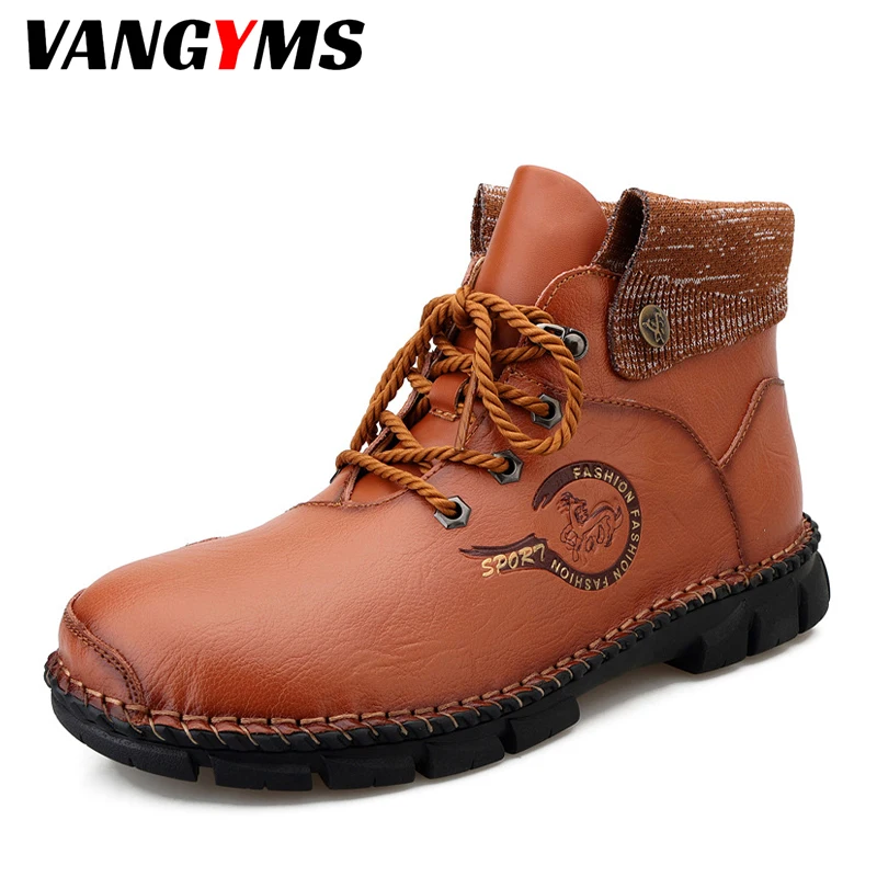 

Men' Leather Shoes New Fashion Retro Casual British Handmade Tooling Ankle Boots Round Toe Lace Up Medium Boots Botas Masculinas