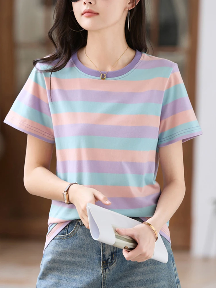 Летние женские футболки с короткими рукавами 2025 г. свободные топы круглым