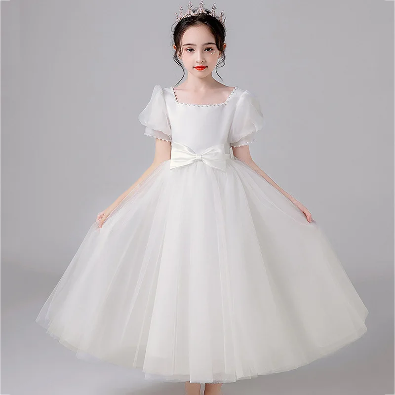 Summer Children'S Fashion Show White Shawl Wedding Dress Girls Piano Performance Princess Clothes Model Foreign Style