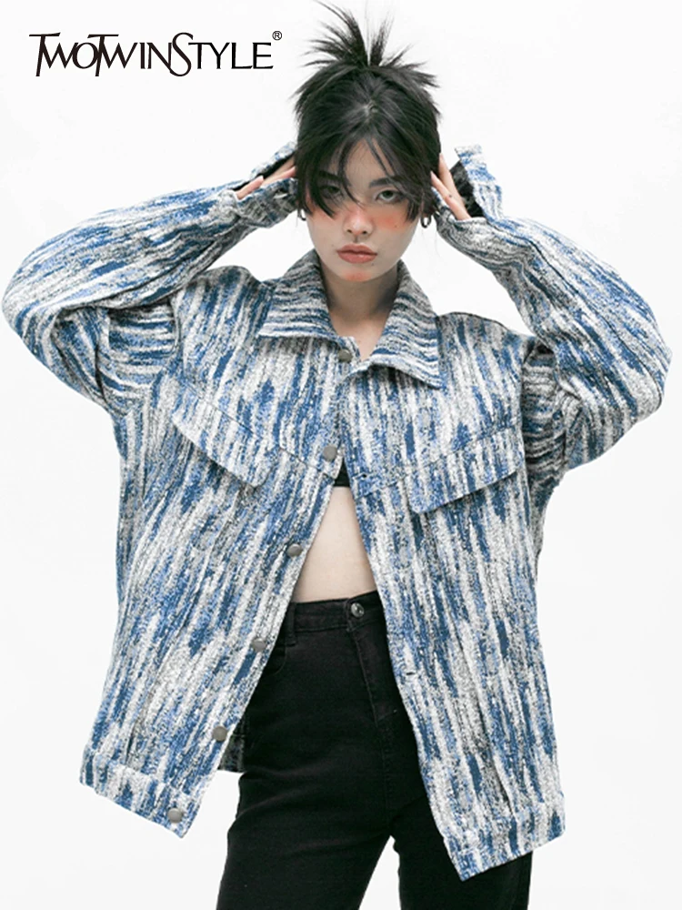 

TWOTWINSTYLE Patchwork Single Breasted Denim Jackets For Women Lapel Long Sleeve Casual Loose Hit Color Jacket Female Fashion