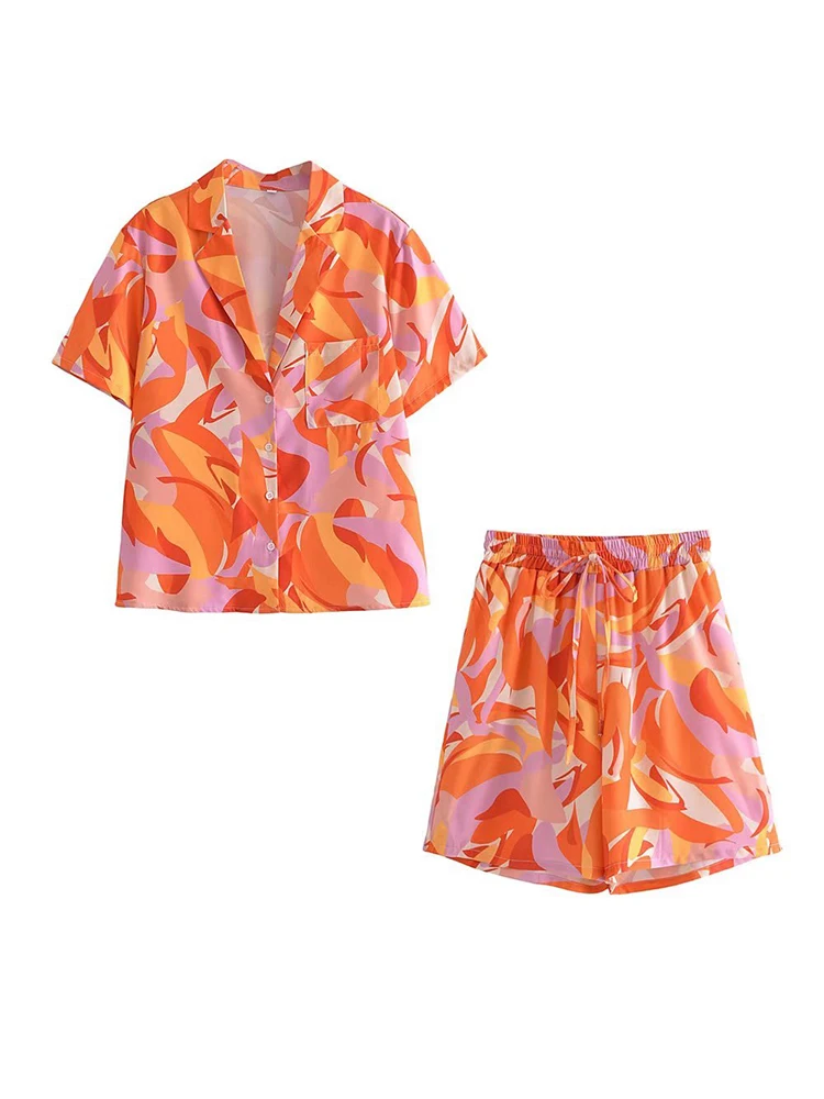 

Holiday Beach Single Breasted Short Sleeve Shirts And Shorts Matching Sets 2022 Summer Women Orange Color Print Casual 2 Pcs