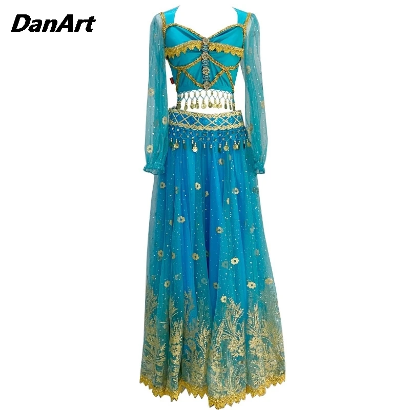 Женский костюм для танца живота длинное платье с пышной юбкой и длинным рукавом
