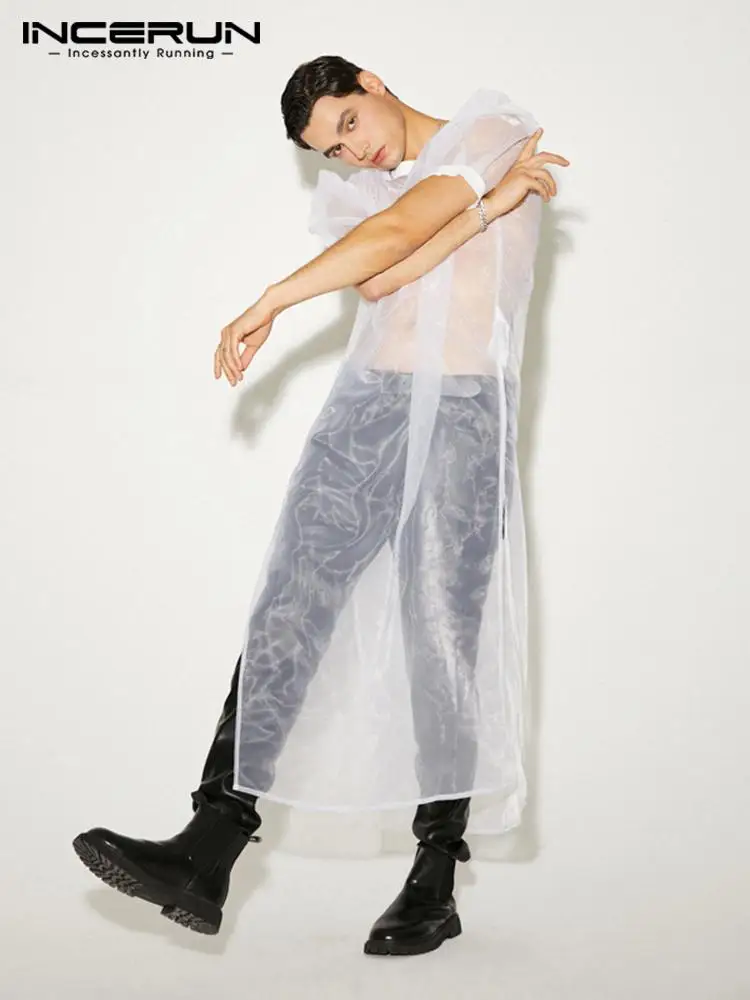 

INCERUN Tops 2022 American Style Men's Organza See-through Puff Sleeve Camiseta Stylish Male Long Side Slit Thin T-shirts S-5XL
