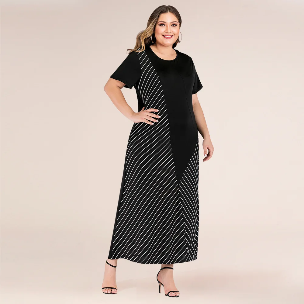 

Large Women Patchwork Striped Loose Belly Covering Long Dress