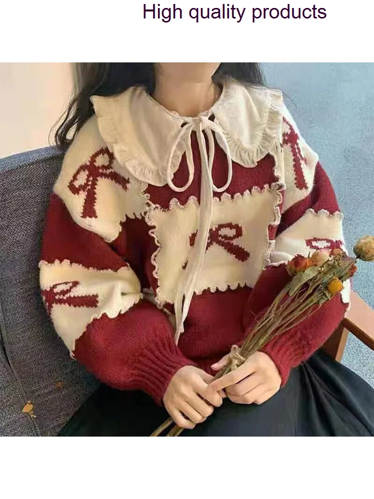 

Fashion Korean Women Peter Pan Collar Bow Print Vintage Knitted Pullovers 2024 Winter Christmas Ladies Cute Sweater Tops