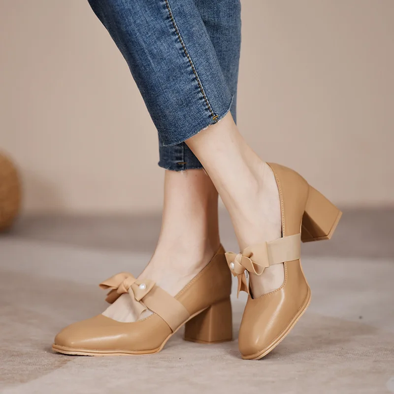 

2022 Summer Elegant Pearl Bowtie Pumps Women PU Leather High Heels Shoes Woman Simple Square Heel Shoes for Women