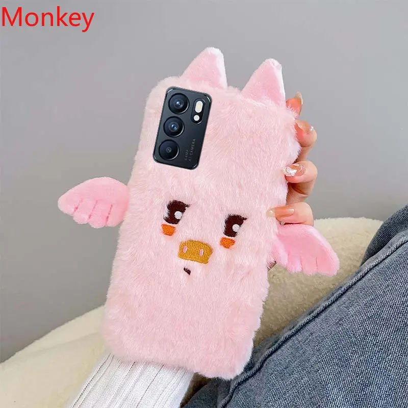 

3D Cute Pink Pig Plush Phone Case For OPPO A5 A9 A53 Reno 8 7 6 5 4 2 8Z 7Z 6Z 2Z A92 A36 A96 A76 Protective Soft Silicone Cover