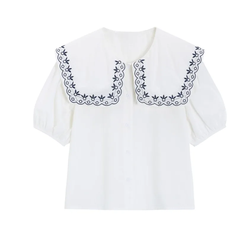 

White Shirts For Women Chic Embroidery Out Peter Pan Collar Sweet Tshirt Oversized Fashion Loose Tops Y2k Clothes Korean T Shirt