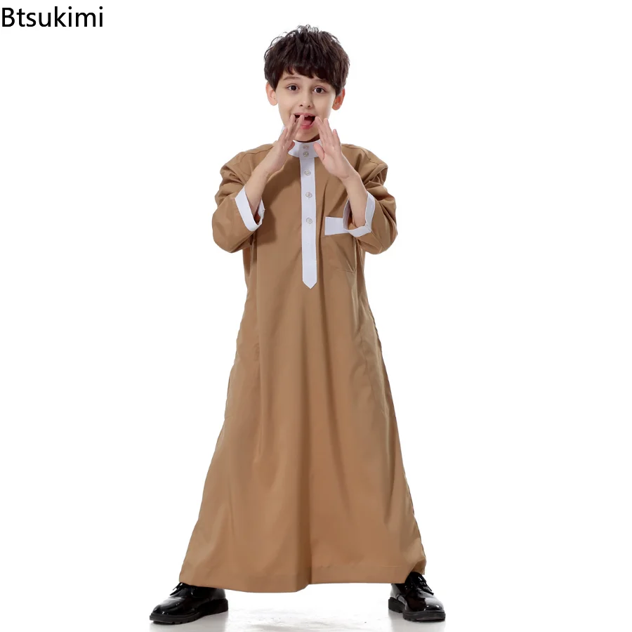 Boy Kids Muslim Saudi Arab Boys Robe Kids Abaya Kaftan Prayer Islam Clothing Long Sleeve Thobe Middle East Teenage Dress Dubai