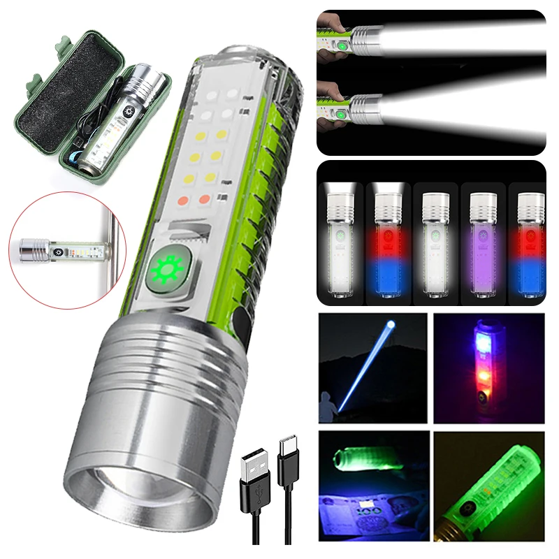 

Mini LED Flashlight UV Flashlight USB Rechargeable Keychain Light Multicolor UV Lamp Powerful Side Light Torch Money Detector