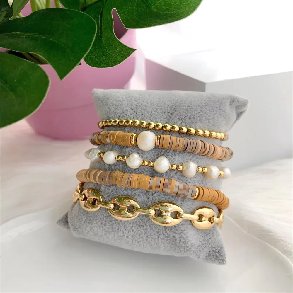 

Natural Freshwater Pearl Heishi Bracelet for Women Polymer Clay Bracelets Jewelry Wholesale Stacking Gold Color Chain Pulseras
