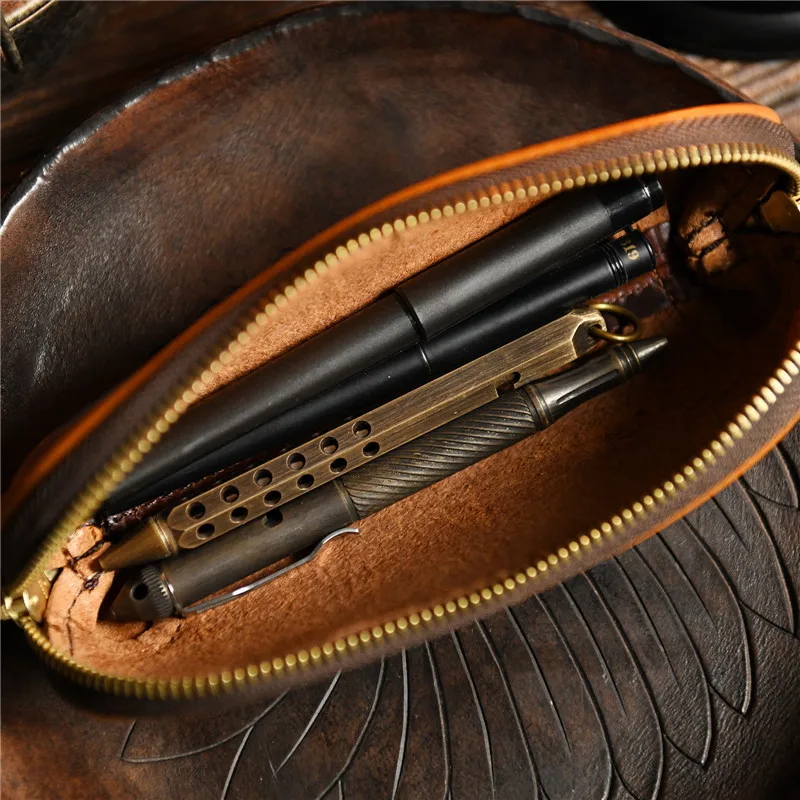 Simple vintage high quality natural genuine leather men women trumpet clutch bag pen bag luxury real cowhide ladies cosmetic bag