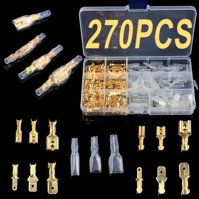 

2.8/4/4.8/6.3mm 270Pcs Brass Crimp Wire Terminals Male Female Spade Connector Electrical Plug Auto Accessorie