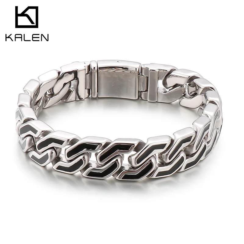 

Kalen Trendy15mm Curb Cuban Chain Bracelet For Men 316L Stainless Steel Black Resin Homme Bracelets