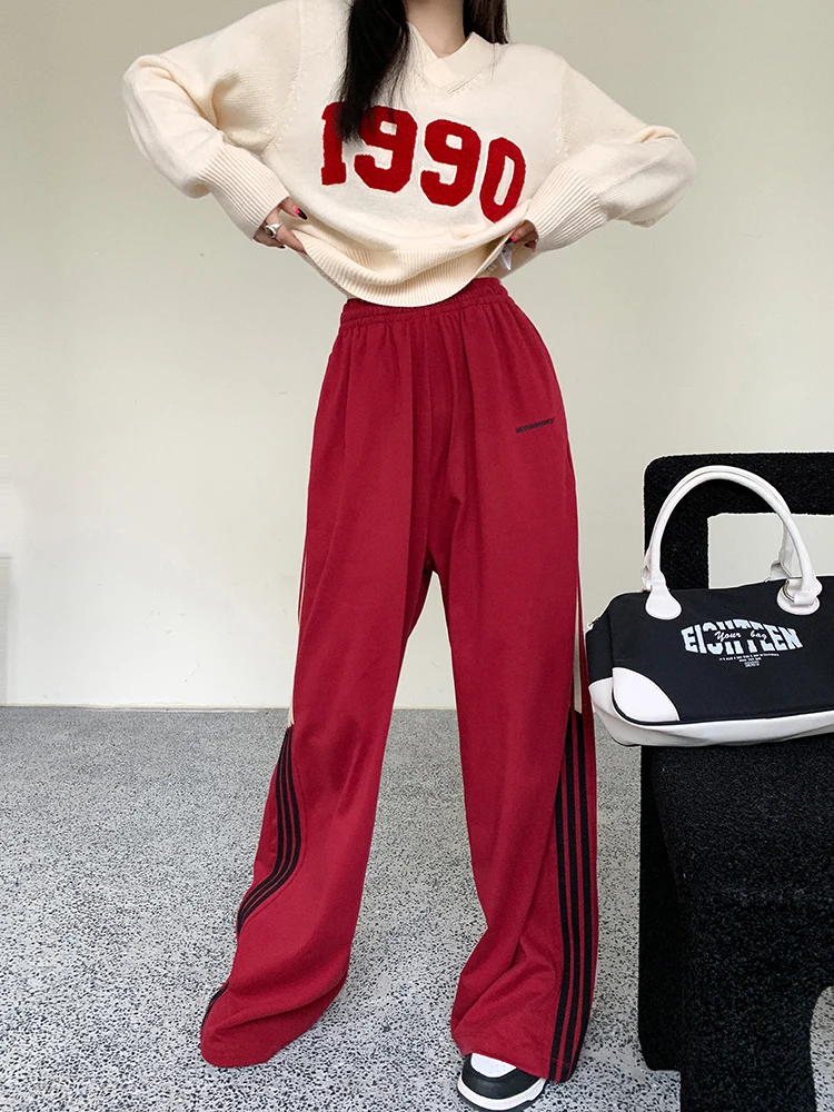 

Women's Red Elastic Waist Stripe Sports Pants Summer New American Street Female Casual Straight Loose Wide Leg Grey Trousers