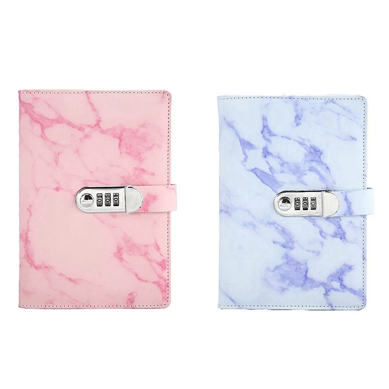 

2X A5 Marble Texture Journal Writing Notebooks With Combination Lock Personal Diary Office Notepad Agenda Pink & Purple