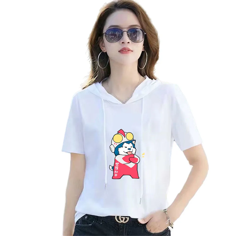 Женская толстовка с коротким рукавом свободная футболка из 2022 хлопка капюшоном