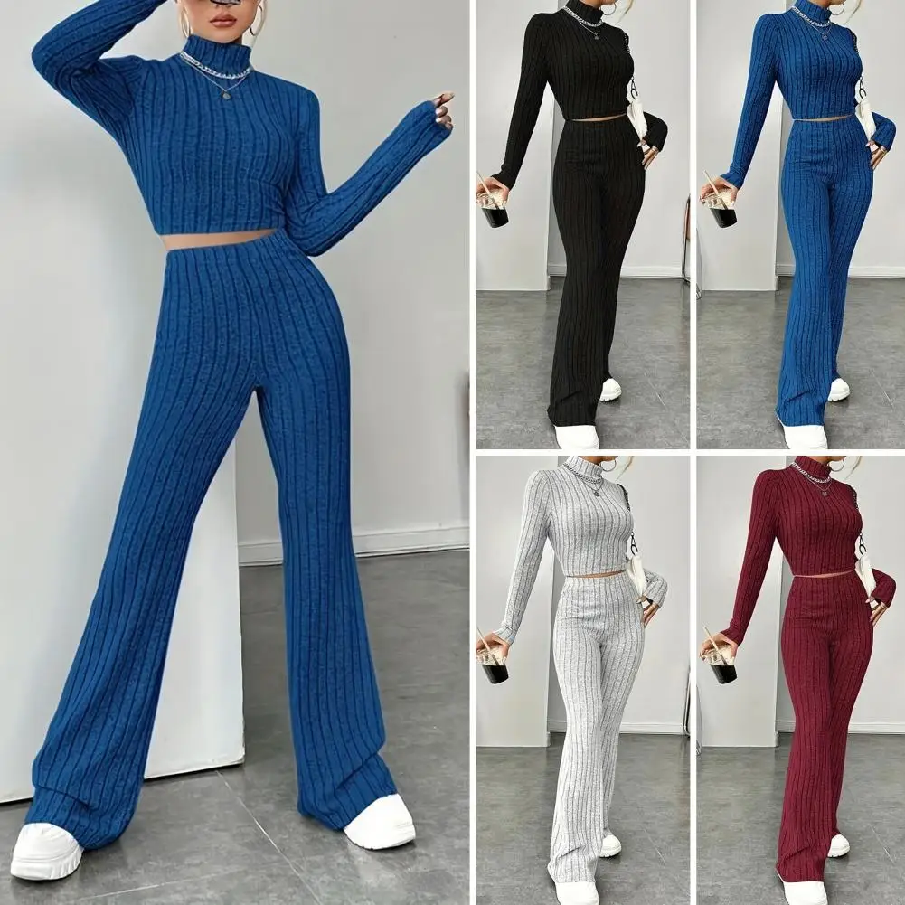 

2Pcs/Set Women Solid Color Knitting Outfit Turtleneck Long Sleeve Cropped Tops High Waist Flared Pants Slim Fit Ribbed Winter Ou