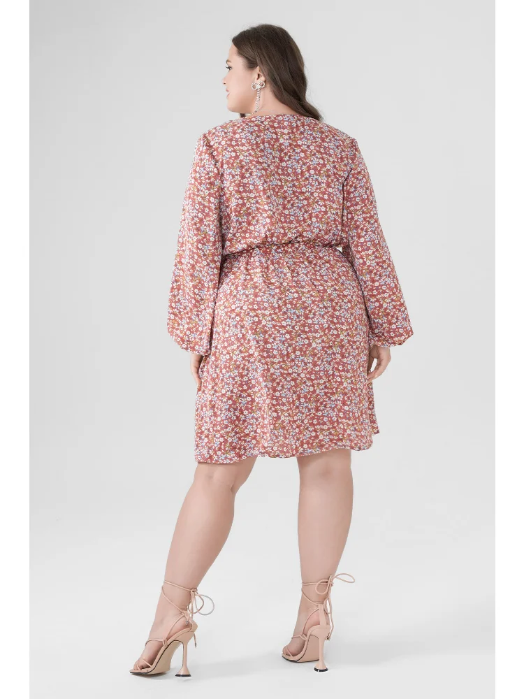 Fragmented Flower Dress for Women's Summer New Product Long sleeved V-neck Slim Fit plus size women clothing