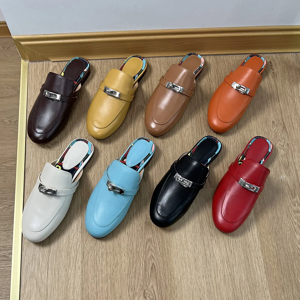 Slippers Women Casual Shoes Cowhide Outside sandalias Slip on Slingback Mules Basic Style zapatos mujer primavera verano 2022