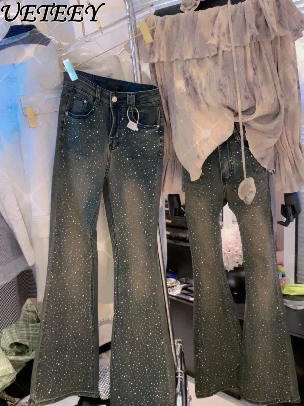 Женские джинсовые брюки с завышенной талией облегающие в стиле ретро Осенние