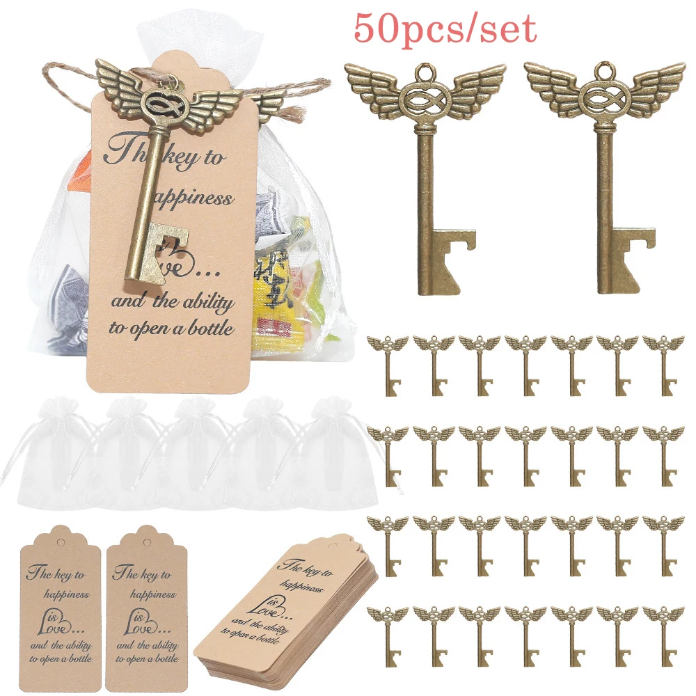 

50pcs/set Vintage Angel Wings Corkscrew Candy Bag Tags for Wedding Party Birthday Baby Shower Baptism Guest Gift Decoration