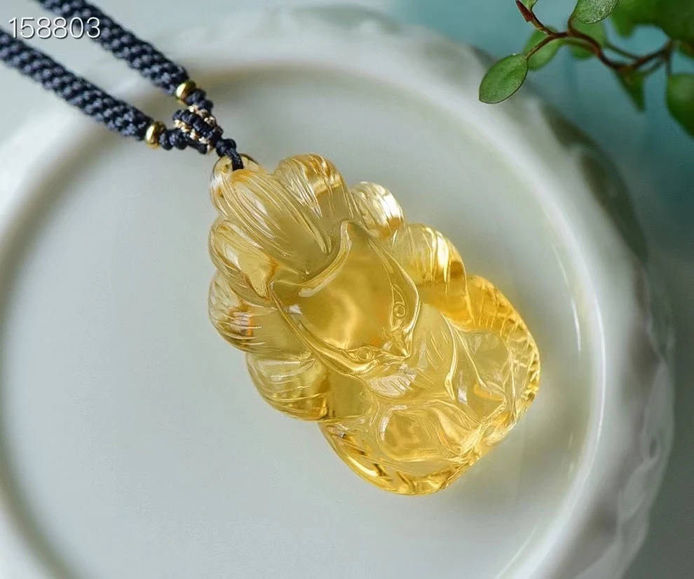 

Natural Yellow Citrine Quartz Crystal Fox Pendant Necklace Jewelry Beads Clear Women 39.2*24*15mm Wealthy Bead Necklace AAAAA