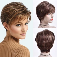 womens fashion pixie cut short wigs ombre brown hair short straight hair wig with bangs synthetic full wig daily wear peluca
