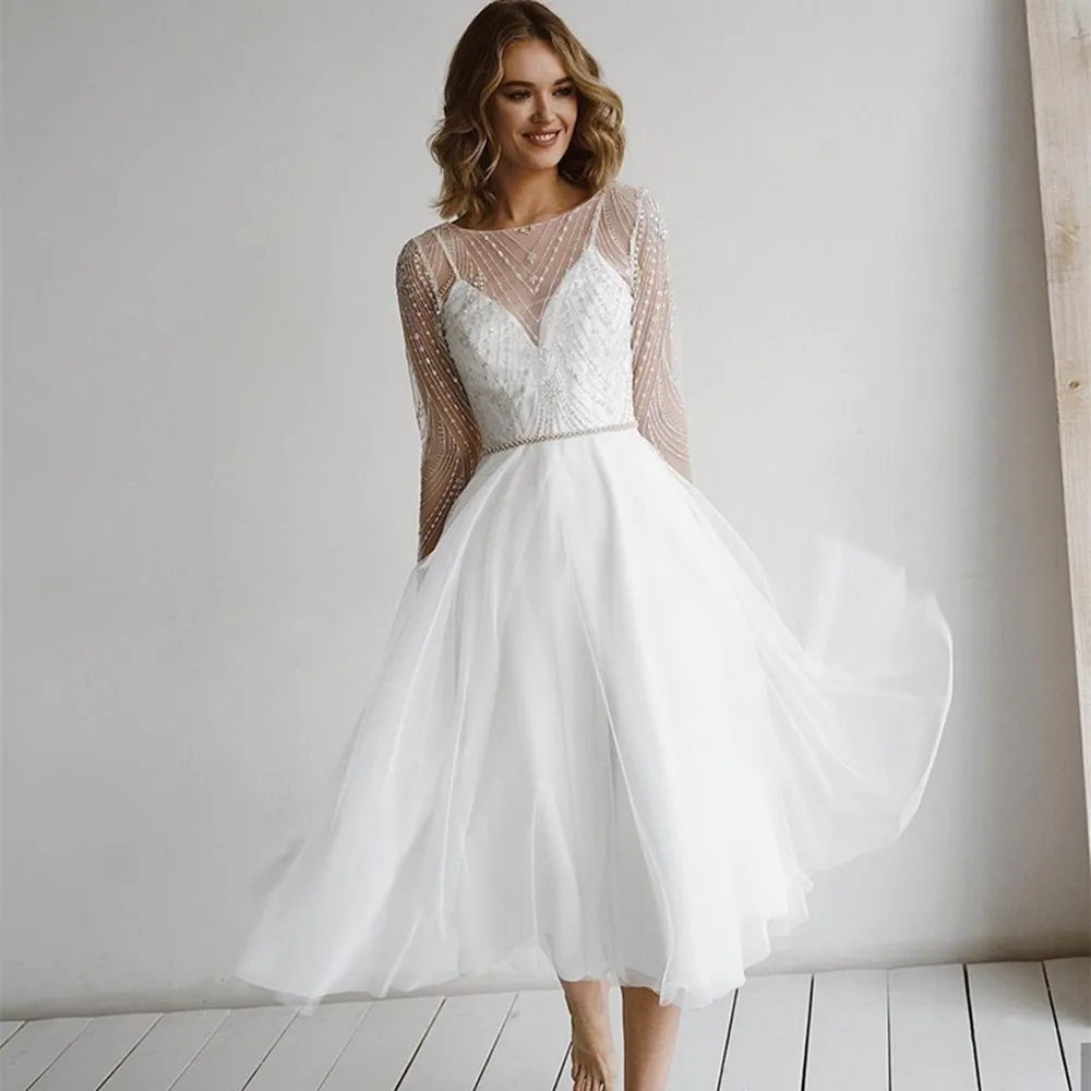 

Elegant Short Wedding Dress Long Sleeves Beading Sashes Tassel Backless Appliques Party Gown Robe De Mariee Mid Calf A Line