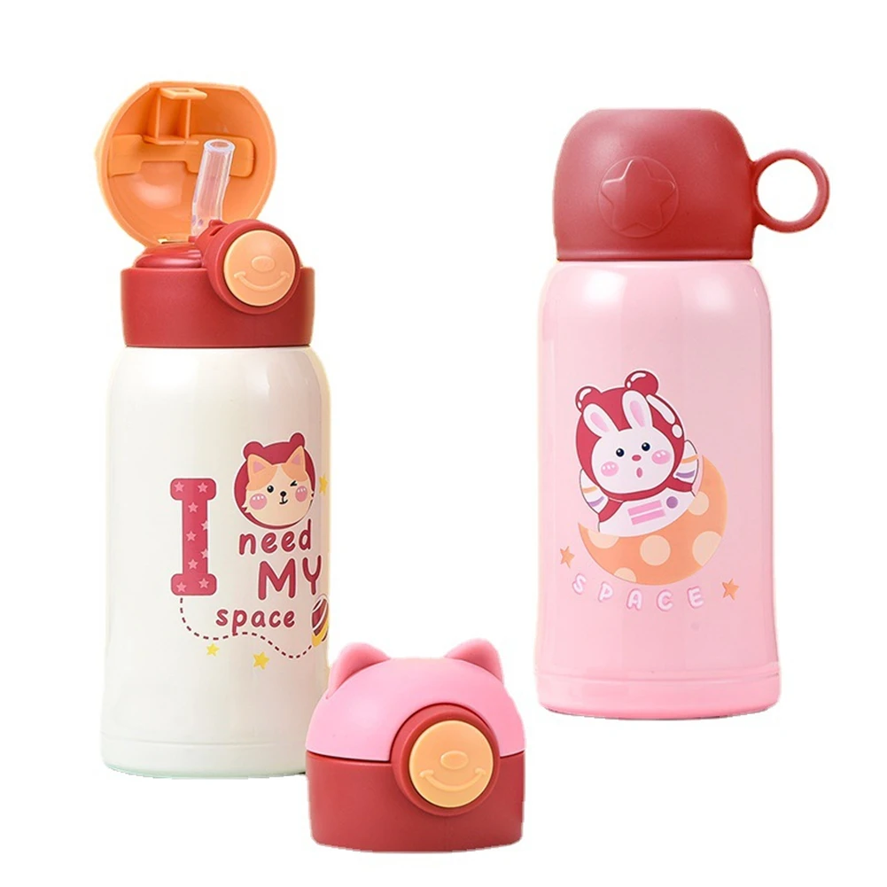 

With Straw Anti-fall Thermos Kettle Stainless Steel With Cup Cover And Strap Drinking Water Cup Children's Thermos Cup