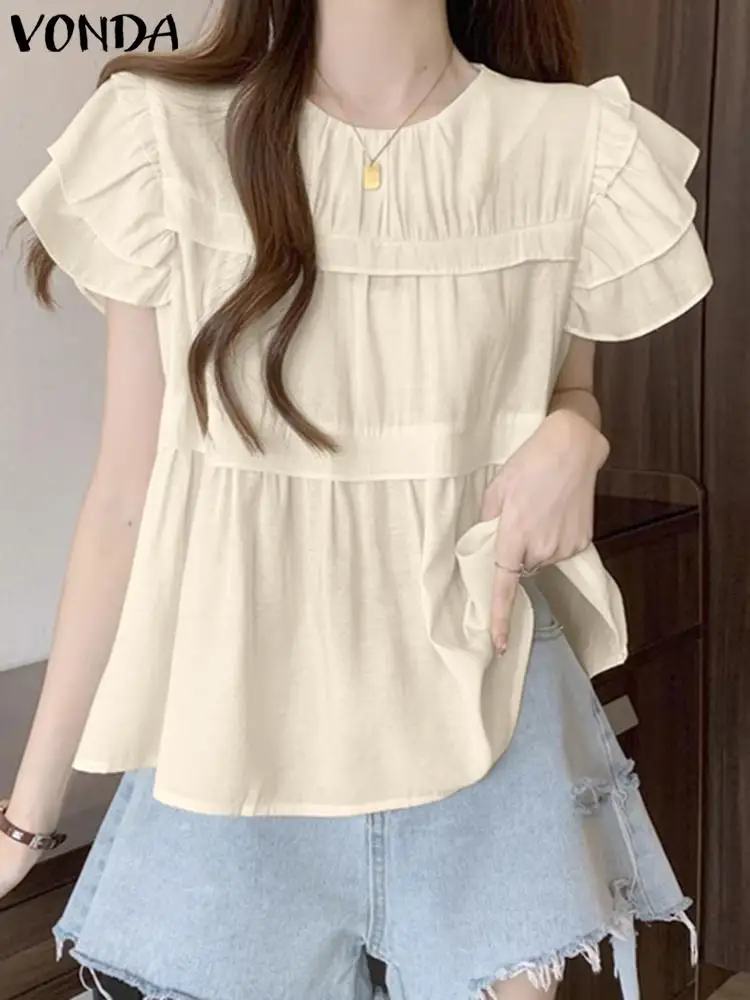 

Elegant Women Blouse 2023 Fashion Ruffle Top Solid Color Shirts VONDA Summer Short Sleeve Beach Tops Office Lady Blouse Feminina