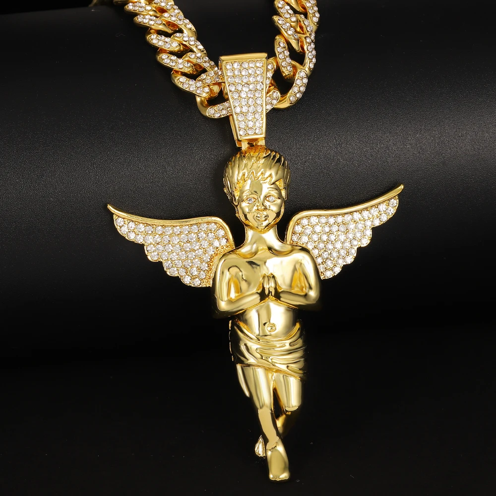 

Praying Wings Angel Necklace&Pendant Iced Out Crystal Charm Gold color Chain Necklace For Men Fashion Hip Hop Jewelry Gift