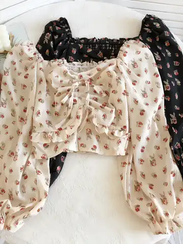 2023 Spring Women Blending Blouse Pullover Folds Square Collar Flower Long Lantern Sleeved Chiffon Shirt Ladies Slim Crop Tops