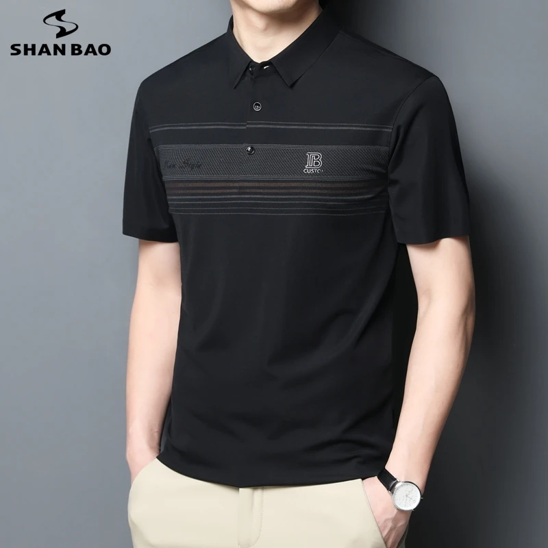 

SHAN BAO summer brand men's fitted lapel silk short-sleeved polo shirt business casual high-quality printed office polo shirt