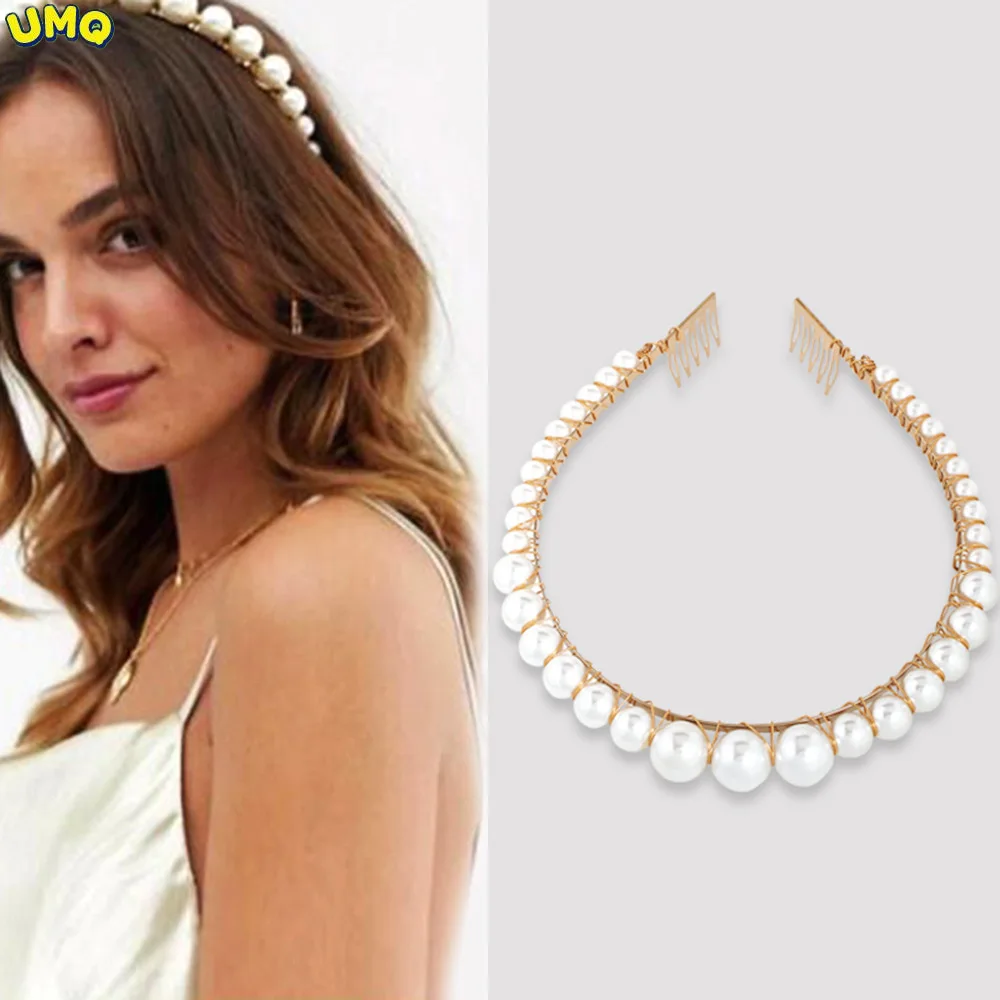 

Fashion 2f0354 Magnesium Style Temperament Hair Hoop Classic Versatile Personality Trend Pearl Hair Accessoriesgifts for Women