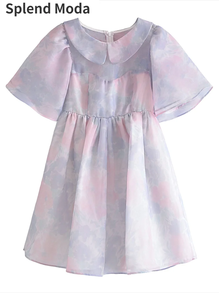 

Splend Moda 2022 New Fashion Summer Vintage Princess Tie Dye Print Organza Lapel Flying Sleeve Woman Swing Dress Fairy
