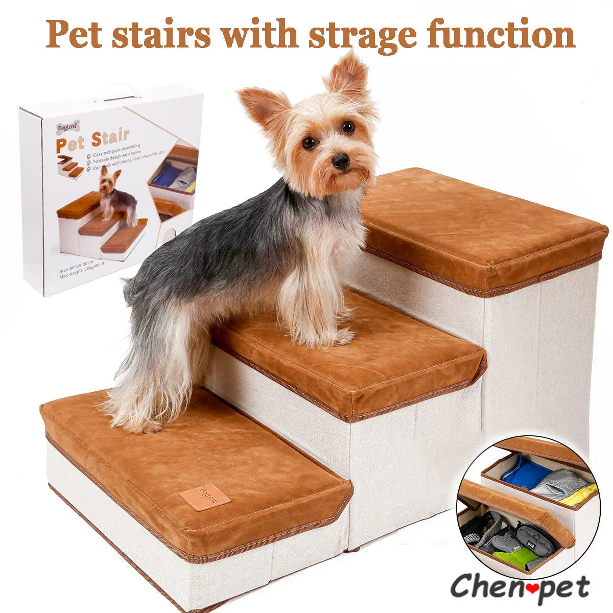 Sturdy Soft Anti-slip Removable Pet Stairs Ladder with Storage Function for Small Dog Cat 3 Steps for Couch Bedroom Bed Sofa