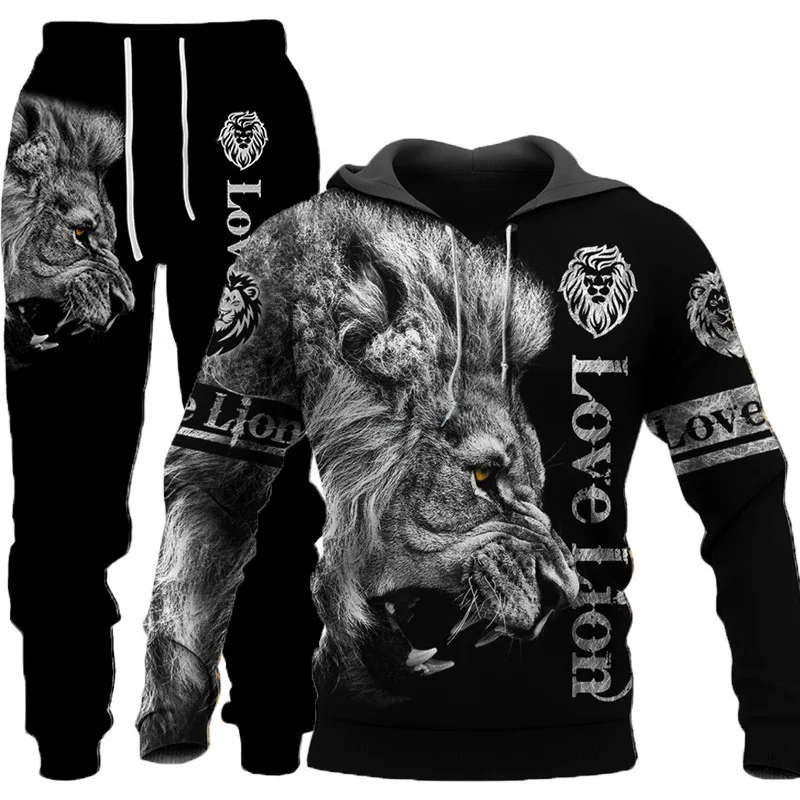 2023 Spring and Autumn Lion Tiger 3D Digital Print Hooded Sweater Men's Hooded Sweater Set Hoodie+Pants 2 Piece Set High Quality