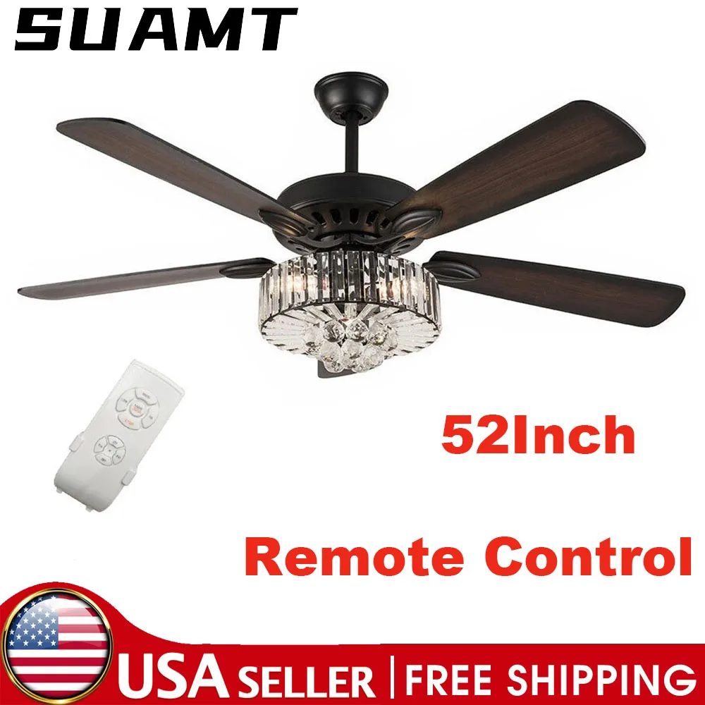 

52" Remote Luxury Crystal Ceiling Fan with Light Modern Chandelier Fan Remote Control 5 Wooden Blade 3-Speed LED Timing For Home
