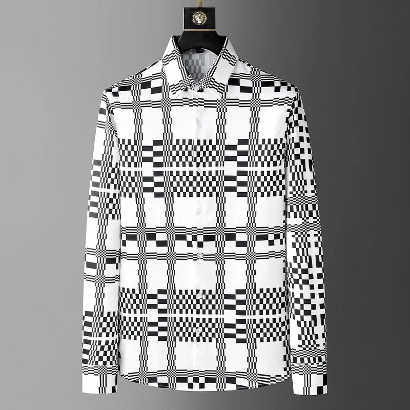 

Black White Grid Contrast Color Plaid Mens Shirt Long Sleeve Casual Formal Dress Shirt Camisa Hombre Social Party Shirts for Men