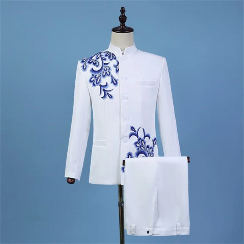 Retro blazer men tang suit set with pants mens wedding suits singer white embroidered stand collar stage clothing formal dress