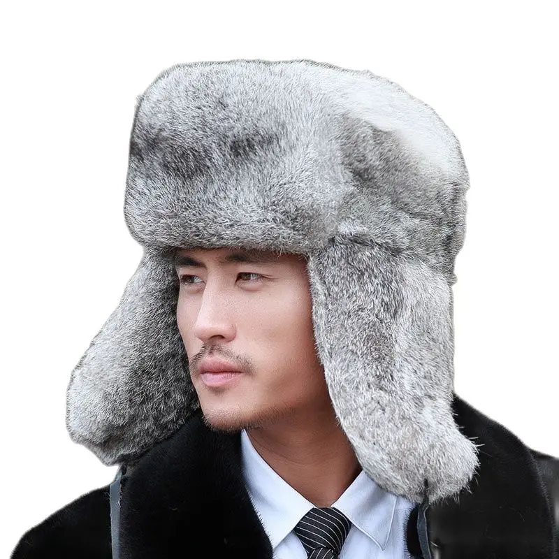 Thick Warm Bomber Hat Men Real Rabbit Fur Earflap Trapper Russian Cap Male Plus Size Winter Hats for Men Ski Russian Hat images - 6