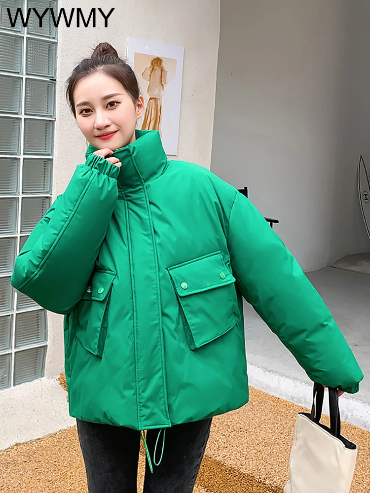 Korean Chic Winter Jacket Women Parkas Double Pocket Stand Collar Warm Thicken Zipper Drawstring Short Jacket Winter Women Coat