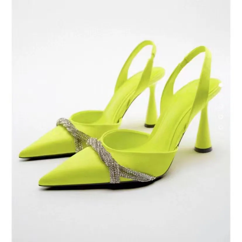 

Za Women's Pointed Toe Bun Back Hollow Thin Heel High Heel Rhinestone Chain Decorative Fashion Shoes