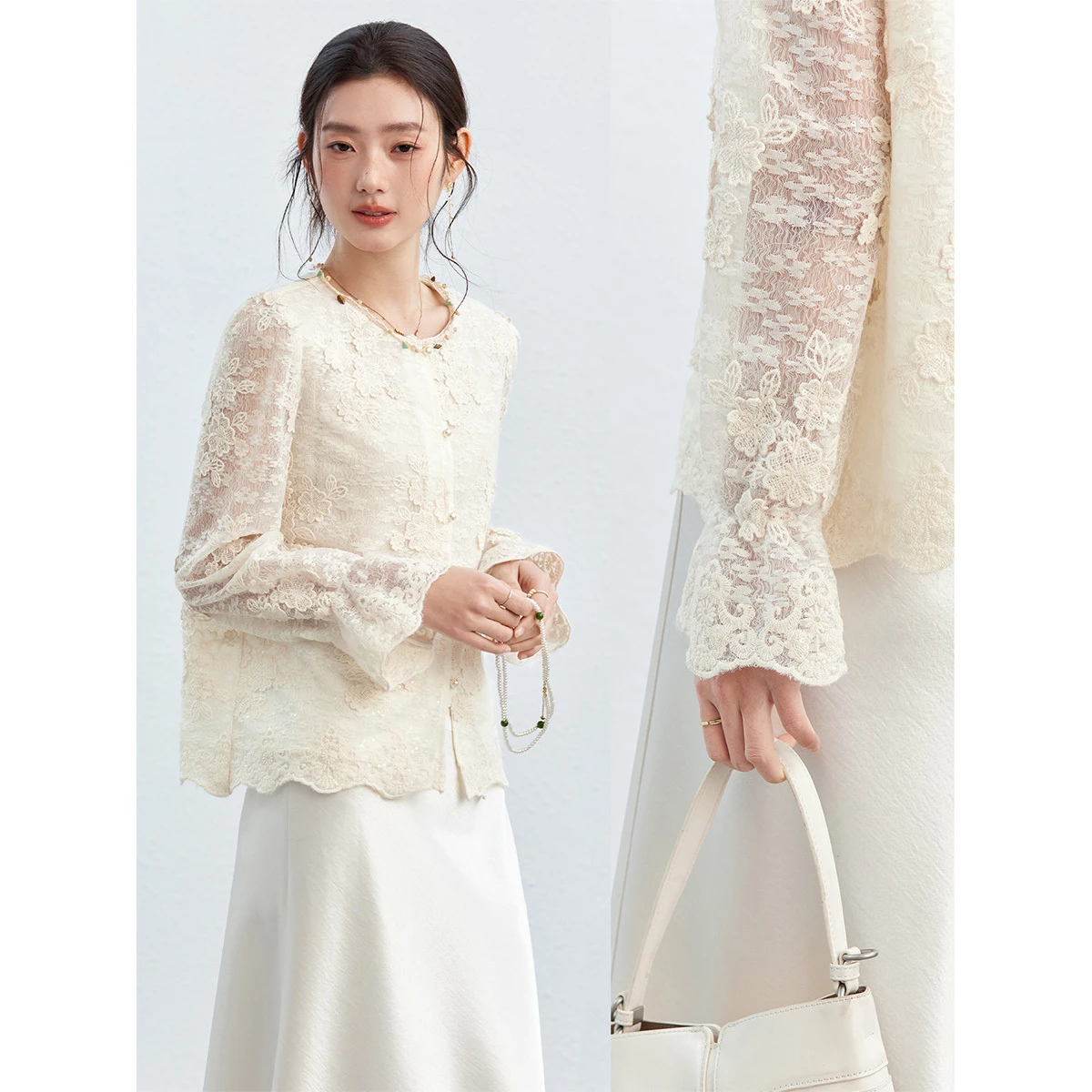 Фото Женская блузка VIMLY Apricot Lace, весна 2026, новая коллекция, с круглым вырезом, цветочной вышивкой, фестончатым краем, в французском стиле, элегантная повседневная рубашка A5236 №3